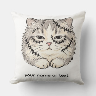 Sleepy Frankenstein Stitched Cat Halloween Coloure Throw Pillow