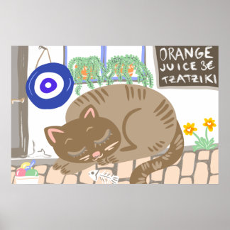 Sleepy Greek Taverna Cat Mediterranean Scene Poster