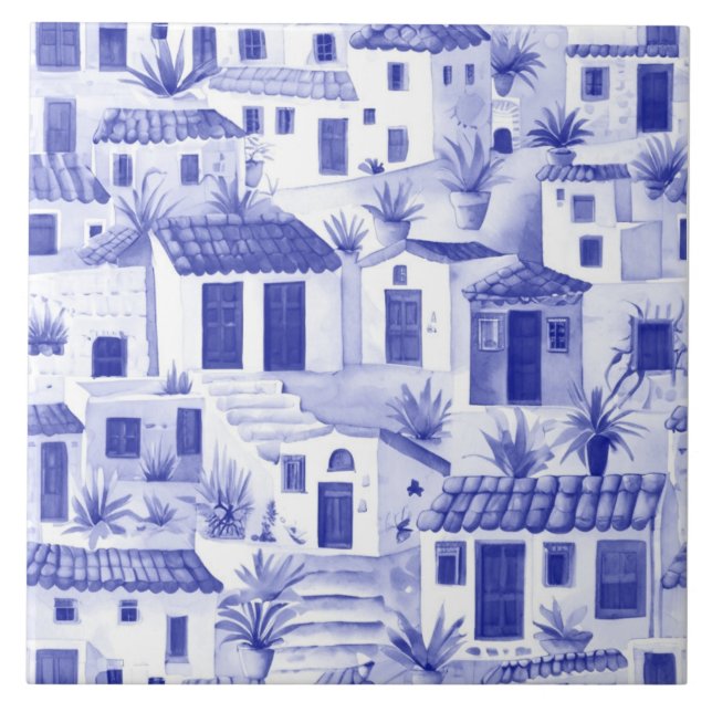 Sleepy Greek Village, Greece Travel Blue and White Tile (Front)