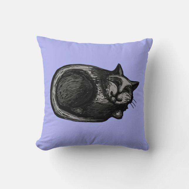 Sleepy Grey Cat Art Periwinkle Pillow (Front)