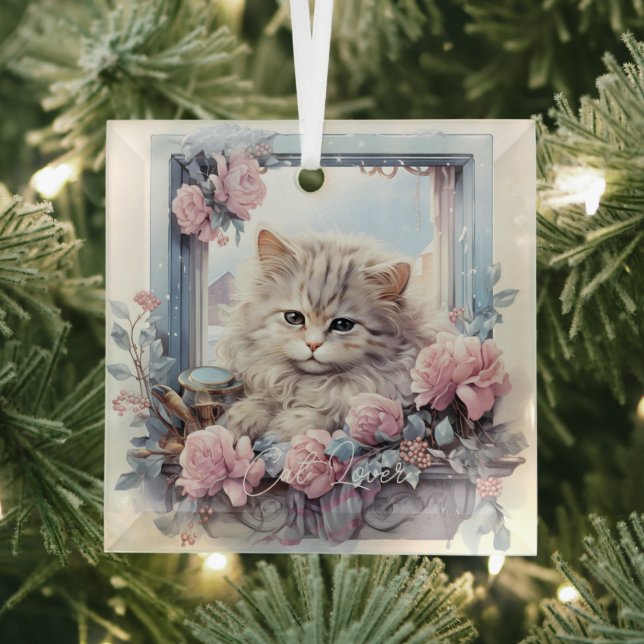 Sleepy Grey White Kitten Pink Blue Flowers Glass Ornament (Insitu)
