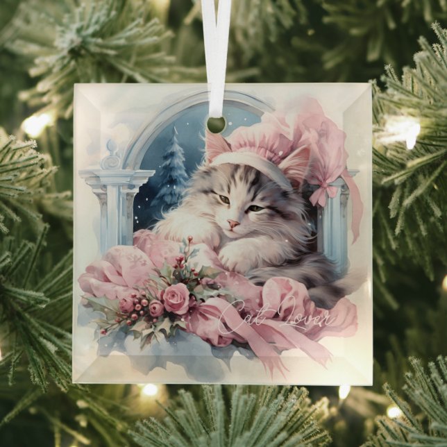 Sleepy Grey White Kitten Pink Frilly Clothes Glass Ornament (Insitu)