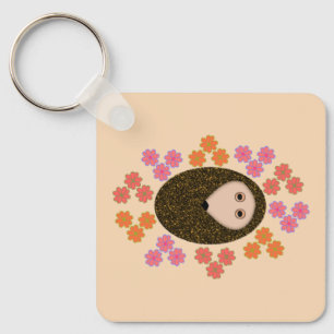 Sleepy Hedgehog and Flowers Custom Keychain