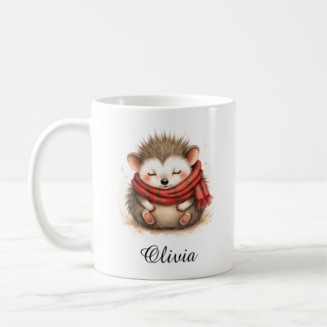 Sleepy Hedgehog in Cozy Scarf Custom Name Mug (Gauche)
