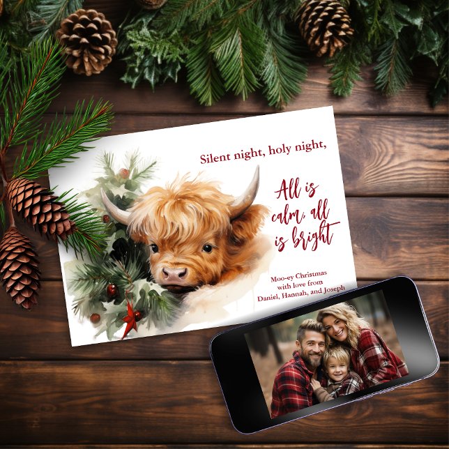Sleepy Highland Cow Flat Christmas Photo Card (Creator Uploaded)