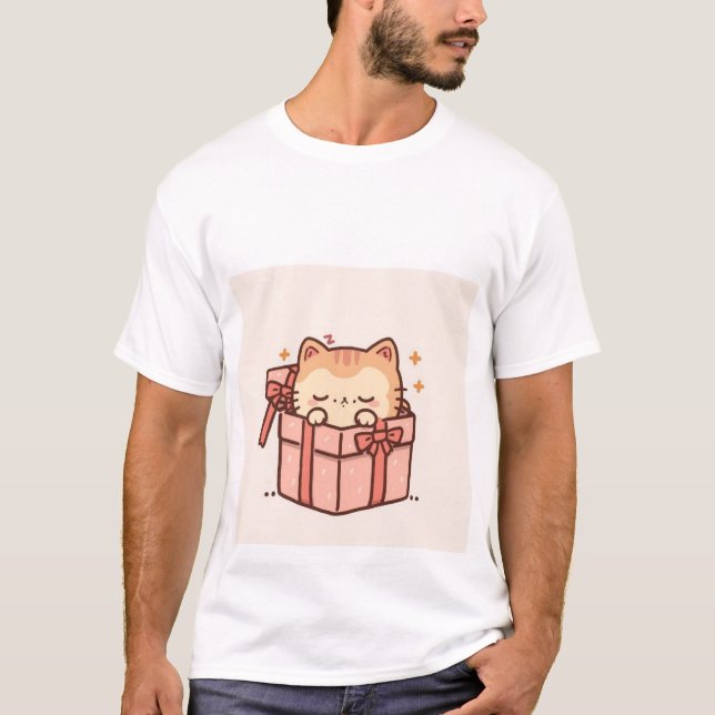 Sleepy Kawaii Ginger Cat in Pink Gift Box ✨💤 T-Shirt (Front)