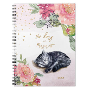 Sleepy Kitten Illustration Flower Girl Daily Diary Notebook