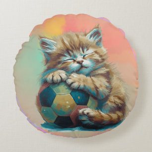 Sleepy Kitten with Soccer Ball – Cute Sports Lover Round Pillow