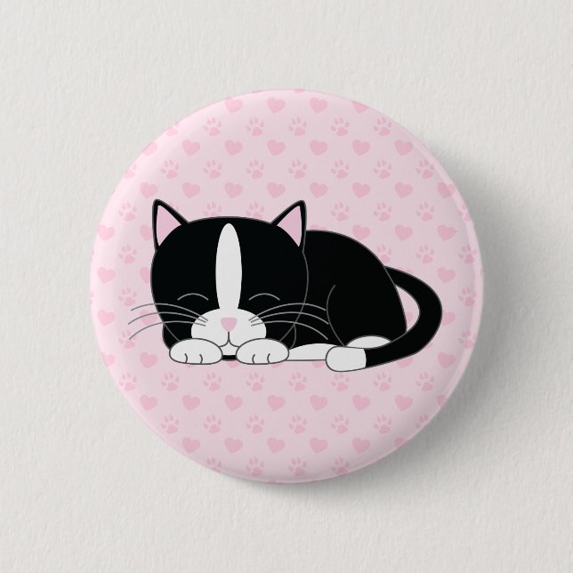 Sleepy Kitty {Tuxedo} 2 Inch Round Button (Front)