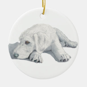Sleepy Labradoodle Pup Ceramic Ornament