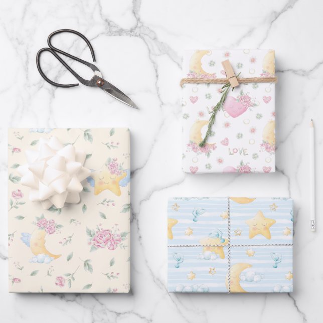 Sleepy Moons and Stars Boho Mix Wrapping Paper Sheet (Front)