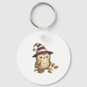 Sleepy Night Owl in Purple Witch Hat Halloween Col Keychain