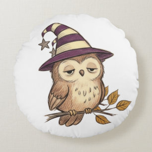 Sleepy Night Owl in Purple Witch Hat Halloween Col Round Pillow