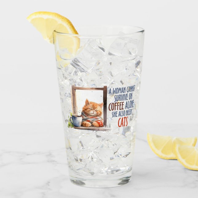 Sleepy Orange Cat with Coffee – Cozy Cat Glass (Front Ice)