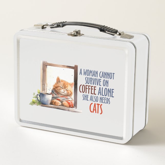 Sleepy Orange Cat with Coffee – Cozy Cat Metal Lunch Box (Front)