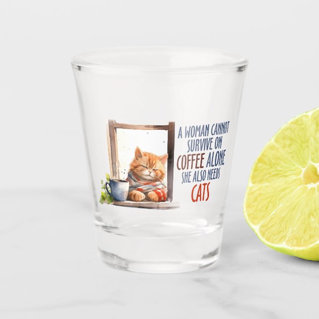 Sleepy Orange Cat with Coffee – Cozy Cat Shot Glass (Front)