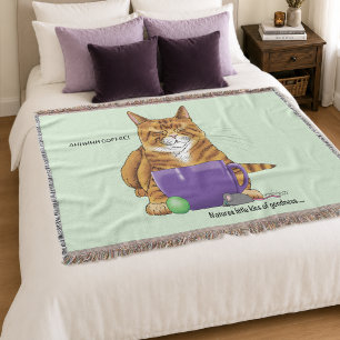 Sleepy Orange Ginger Cat Coffee Green Purple Throw Blanket