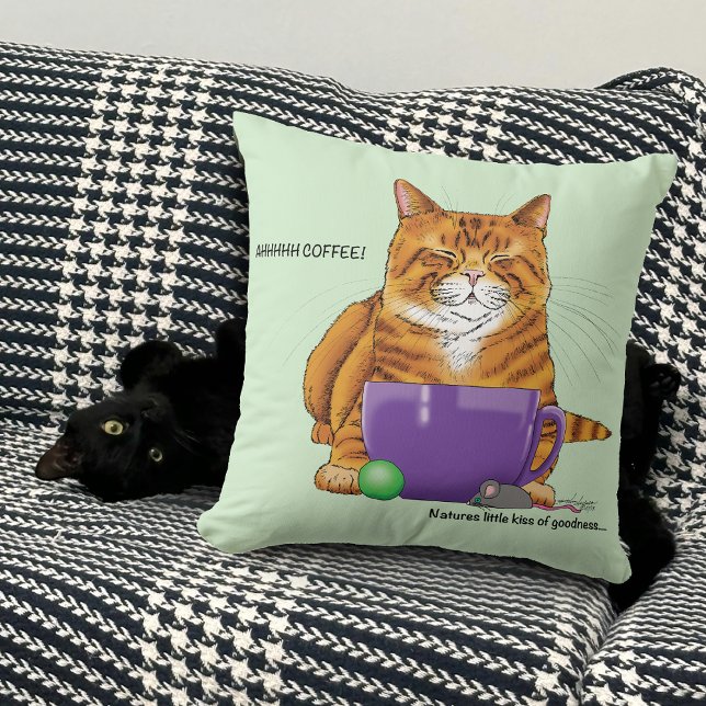 Sleepy Orange Ginger Cat Coffee Green Purple Throw Pillow (Creator Uploaded)
