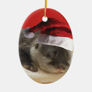 Sleepy Otter Santa Claus Ceramic Ornament