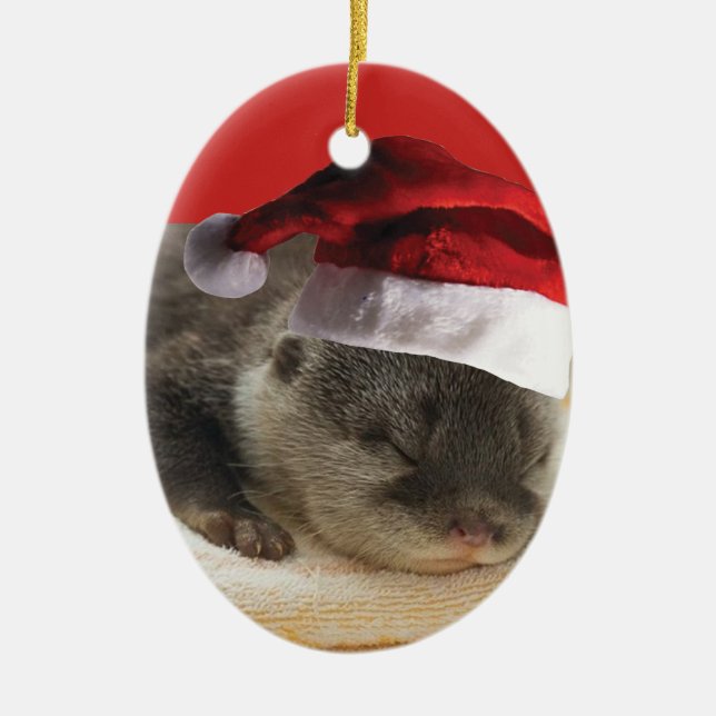 Sleepy Otter Santa Claus Ceramic Ornament (Front)