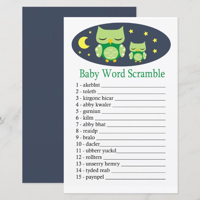 Sleepy owl Baby word scramble game (Front/Back)