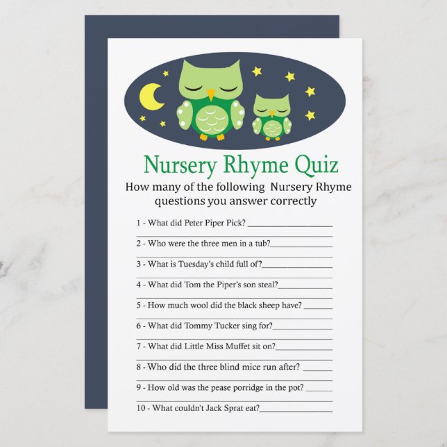 Sleepy owl Nursery Rhyme Quiz baby shower game (Front/Back)