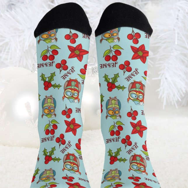 Sleepy Owls Personalize Name Christmas Novelty Socks (Creator Uploaded)