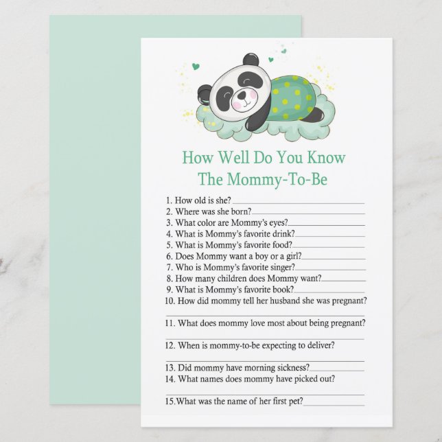 Sleepy panda How well do you know baby shower game (Front/Back)