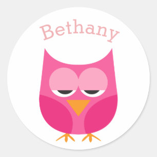 Sleepy Pink Owl Personalized Classic Round Sticker
