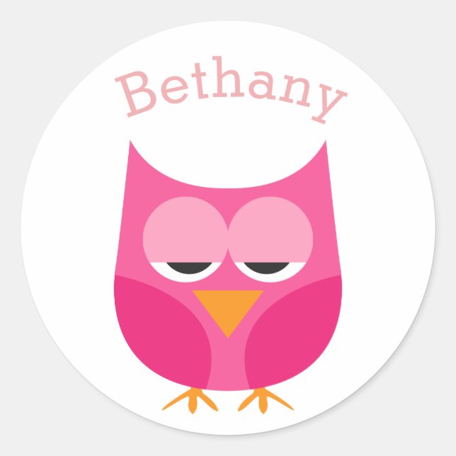 Sleepy Pink Owl Personalized Classic Round Sticker (Front)
