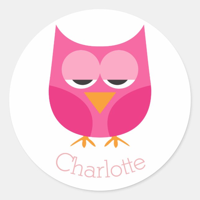 Sleepy Pink Owl Personalized Classic Round Sticker (Front)