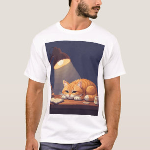Sleepy Pixel Cat at 2AM – Tired but Awake T-Shirt