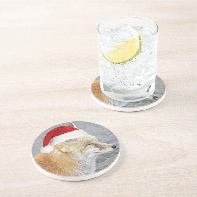 Sleepy Red Fox Wearing Red Santa Hat Holiday Coaster (Side)