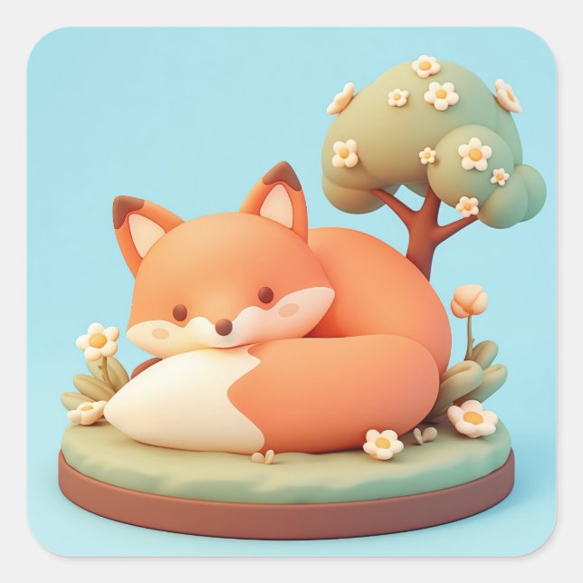 Sleepy Round Clay Red Fox Square Sticker (Front)