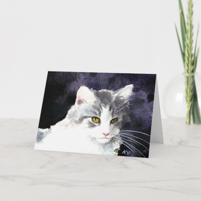 Sleepy silver and white kitten card (Front)