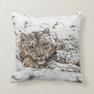 Sleepy Snow Leopard Throw Pillow