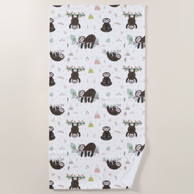 Sleepy Sweet Sloth Pattern Beach Towel (Front)