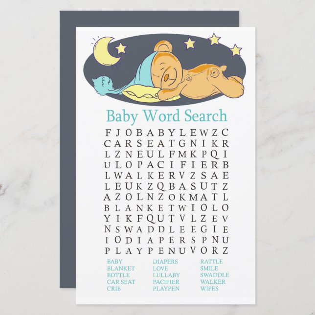 Sleepy teddy bear Baby Shower Word Search Game (Front/Back)