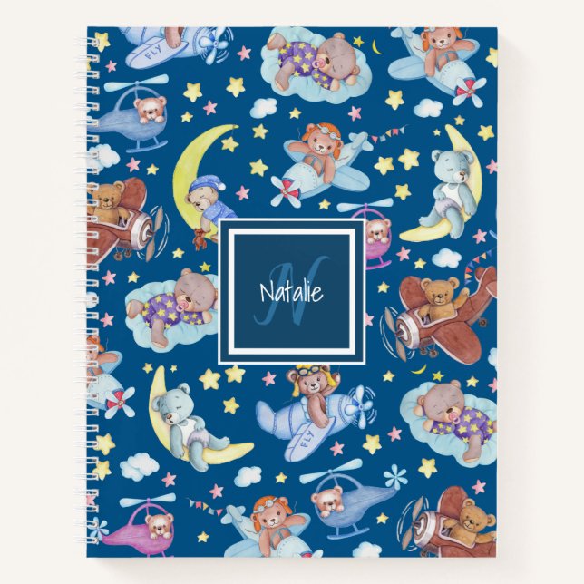 Sleepy Teddy Bears Dreaming of Flying Airplanes Notebook (Front)