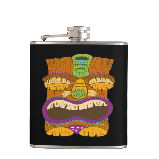Sleepy Tiki Statue with Open Mouth, Funny Black Hip Flask (Front)