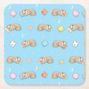 Sleepy Time Sloth Pattern Square Paper Coaster