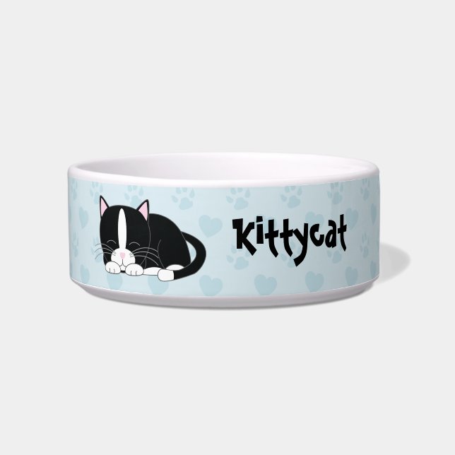 Sleepy Tuxedo Cat {blue} Bowl (Front)