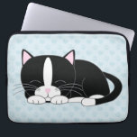Sleepy Tuxedo Cat {blue} Laptop Sleeve<br><div class="desc">Custom computer sleeve featuring an adorable illustration of a cute bicolor kitten taking a nap on a hearts and paw prints pattern background.</div>