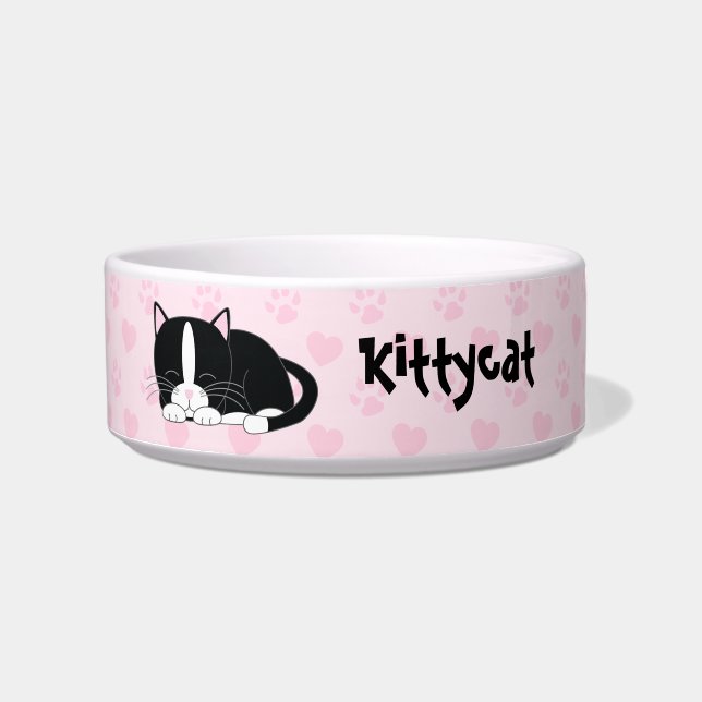 Sleepy Tuxedo Cat {pink} Bowl (Front)