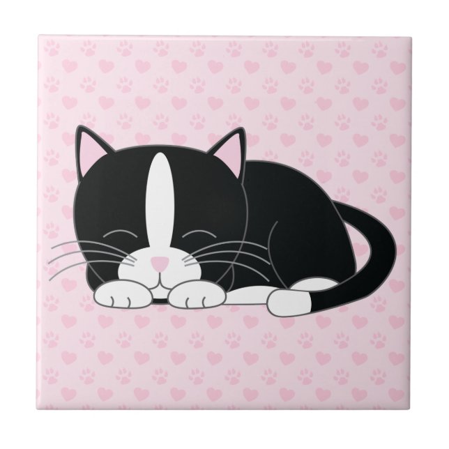 Sleepy Tuxedo Cat Tile (Front)
