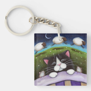 Sleepy Tuxedo Cat with Mice & Sheep   Fantasy Keychain
