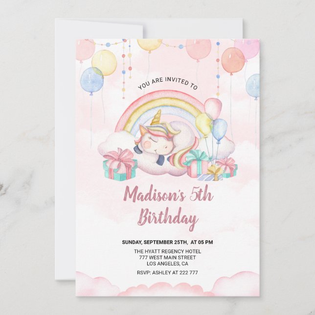 Sleepy Unicorn Birthday Invitation (Front)