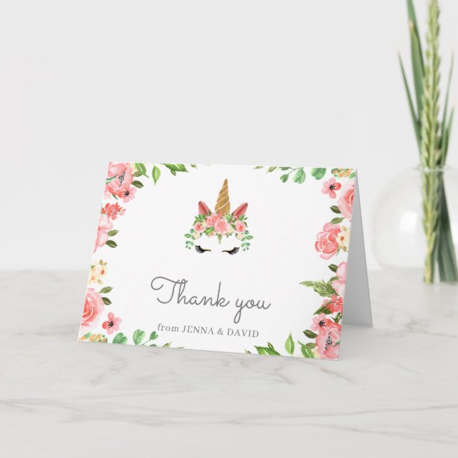 sleepy unicorn face blush floral thank you card (Front)