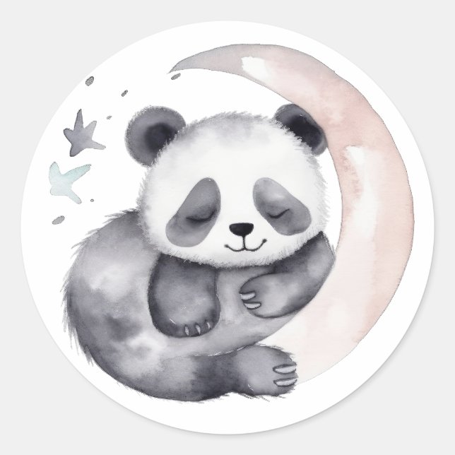 Sleepy Watercolor Moon Baby Panda Bear Classic Round Sticker (Front)