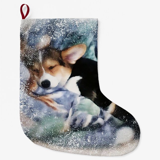 Sleepy Welsh Corgi Puppy Large Christmas Stocking (Front)